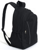 A black backpack featuring a zippered compartment and a mesh side pocket. It has adjustable shoulder straps and a logo.