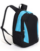 A black backpack with blue accents, featuring a zippered front pocket and mesh side pockets. It has adjustable straps.