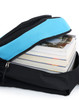A black backpack with a blue zipper, partially open to reveal several neatly stacked books inside.