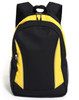A black and yellow backpack with adjustable straps and a side mesh pocket. It features a zippered main compartment and a logo.