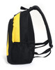 A black and yellow backpack with adjustable straps and a side mesh pocket. It includes branding details.