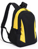 A black and yellow backpack with a zipper, side mesh pockets, and adjustable shoulder straps. It features a logo.