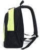A black and neon yellow backpack with a zippered compartment and adjustable straps, featuring a mesh side pocket.