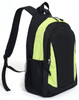 A black and lime green backpack with adjustable straps and a side mesh pocket. Features a zippered main compartment.