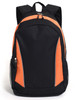 A black backpack with orange accents, featuring a zipped main compartment and mesh side pockets. It has a logo on it.