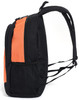 A black and orange backpack featuring a side mesh pocket and adjustable straps, with a logo prominently displayed.