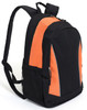 A black and orange backpack featuring a mesh side pocket and a logo. Suitable for promotional use.