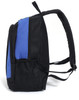 A black and blue backpack with a side mesh pocket and padded shoulder straps. Features a logo on the front.