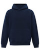 A unisex premium fleece oversized hoodie in navy blue, featuring a front pocket and a hood. It has a logo.