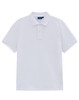 A white men's classic cotton/poly pique short-sleeve polo shirt with a collar and a logo.