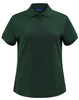 A dark green women's short-sleeve polo shirt with a collar and buttons, featuring a logo.