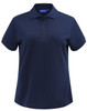 A navy short-sleeved polo shirt with a collar and buttons, featuring a logo on the chest area.