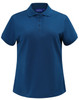 A navy blue ladies' classic cotton/poly pique short sleeve polo with a collar and a logo.