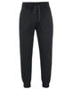 Black track pants with an elastic waistband and adjustable drawstring, featuring a tapered leg design.