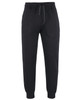 A pair of black track pants with an elasticated waistband and cuffs, featuring a drawstring and side pockets.