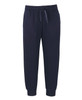 Navy track pants with an elastic waistband and cuffs, featuring a branding logo.