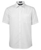 A white short-sleeve button-up shirt featuring a single chest pocket and a logo.