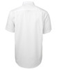 A plain white button-up shirt featuring a back view and a collar. The shirt has a logo.