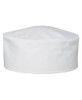 A white chef's cap with a rounded top, featuring a logo on the front.