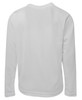 A long-sleeve white T-shirt with a plain design and a logo on the back.