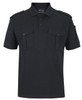 A black polo shirt with epaulettes and front pockets, featuring a collar and buttons, and a logo.
