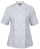 A white short-sleeve chef's jacket with snap button closures and a logo on the sleeve.