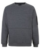 A grey crew neck fleece jumper with a front pocket and a side zipper pocket. It features a logo.