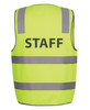 A lime safety vest featuring reflective stripes and a logo, designed for staff identification.
