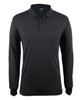 A black long-sleeved polo shirt featuring a collar and three buttons, with a logo on the upper side.