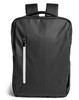 A sleek black PU backpack with a front zipper pocket and padded shoulder straps. It features a logo on the side.