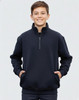 A navy blue kids' half zip collar fleecy sweatshirt with long sleeves and a front zipper. It features a logo.