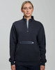 A navy unisex premium fleece half zip work sweatshirt with a zippered front pocket and long sleeves.