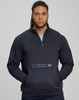 A unisex premium fleece half zip sweatshirt in navy, featuring a front pocket and a logo.