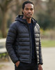 A lightweight hooded puffer jacket in black with a smooth finish and a zipper front, featuring a logo.