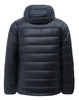A lightweight hooded puffer jacket in black with a puffy quilted design and a rear view. It features a logo.
