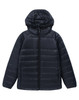 A lightweight hooded puffer jacket in navy blue, featuring a zip front and a smooth finish. It has a logo on the sleeve.