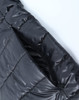 A black lightweight hooded puffer jacket with a zip closure and quilted design. It features a logo on the fabric.