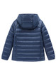 A navy blue lightweight hooded puffer jacket with a quilted design and a hood, featuring a logo on the back.