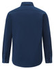 A navy cotton blend long-sleeve shirt with a classic collar and buttoned cuffs. Features a logo on the back.