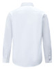 A white long-sleeve shirt with a collar and buttoned cuffs, featuring a logo on the back.