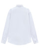 A white long-sleeve cotton blend shirt with a collar and a back yoke detail. Features a logo.