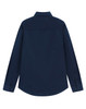 A navy blue long-sleeve shirt featuring a collar and button details, with a plain back view and a branding logo.