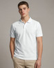A white men's ultrafine cotton pique polo shirt displayed on a model, featuring a logo on the chest.