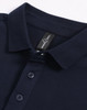 A navy blue men's ultrafine cotton pique polo featuring a classic collar and three button placket. It has a logo.