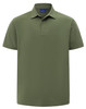 A short-sleeved polo shirt in olive green, featuring a collar and a logo on the chest.