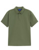 A green high-performance polo shirt with a collar and short sleeves, featuring a logo at the neckline.