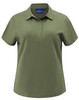 A ladies' high performance polo in olive green with a collar and short sleeves, featuring a logo on the upper side.