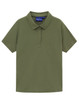 A ladies' short-sleeve polo shirt in olive green with a collar and a logo on the neckline.