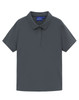 A grey high-performance polo shirt with a classic collar. It features a logo on the tag.