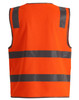 An orange safety vest with grey reflective stripes and utility pockets, featuring a logo.